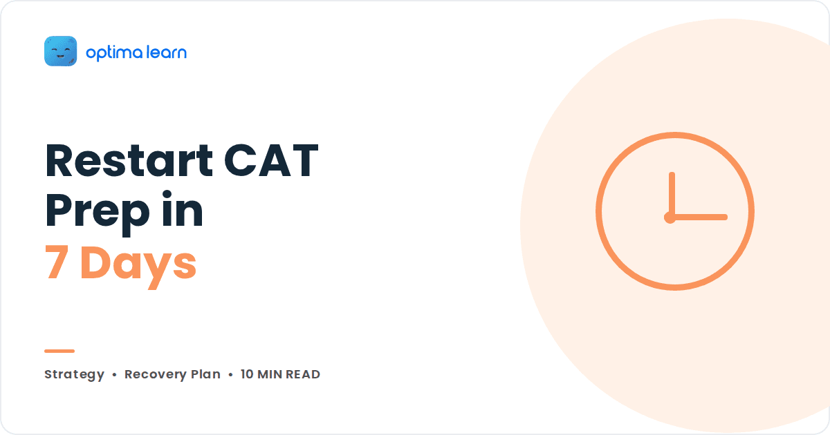 Optima Learn blog cover with an outlined clock in a peach circle beside the headline Restart CAT Prep in 7 Days.