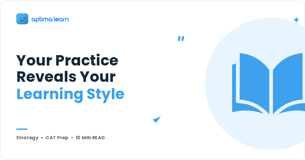 Optima Learn cover reading Your Practice Reveals Your Learning Style, tagged Strategy and CAT Prep, with an open book icon