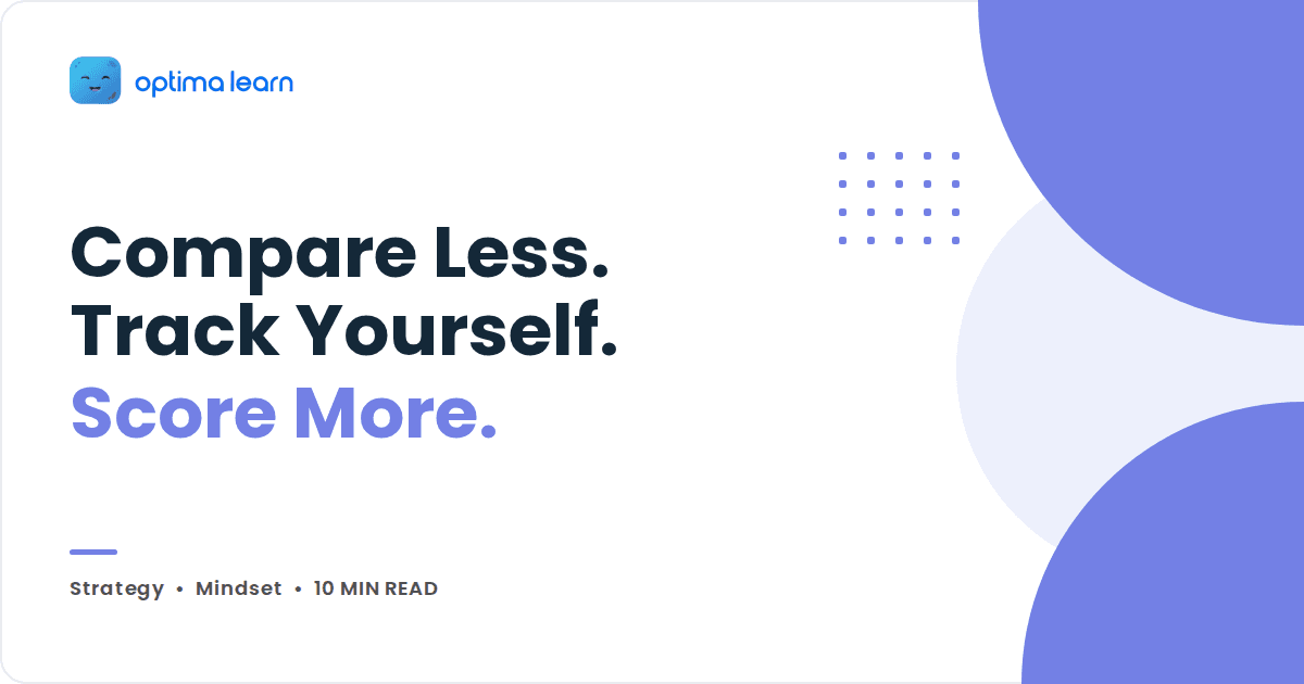 Optima Learn blog cover with the headline Compare Less, Track Yourself, Score More on a periwinkle abstract background