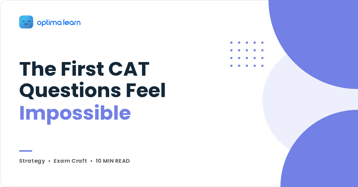 Optima Learn cover graphic reading The First CAT Questions Feel Impossible in periwinkle tones