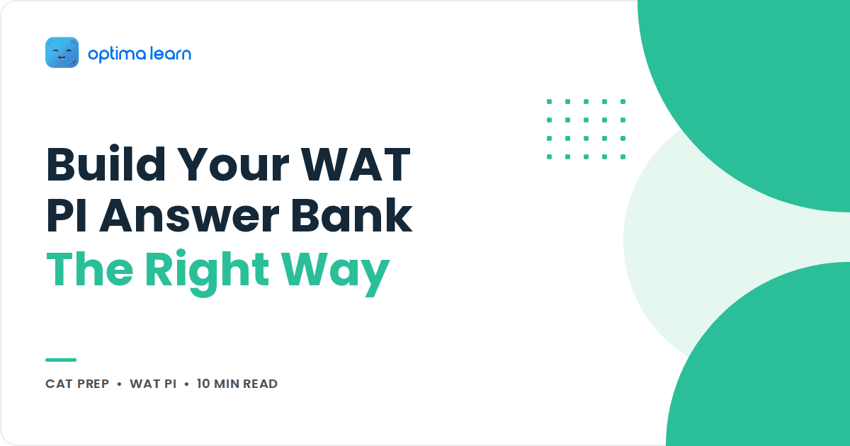 Optima Learn cover with mint green organic blob shapes and a dot grid, reading Build Your WAT PI Answer Bank The Right Way.