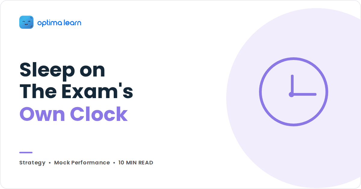 Optima Learn blog cover reading Sleep on The Exam's Own Clock, with a purple outline clock graphic