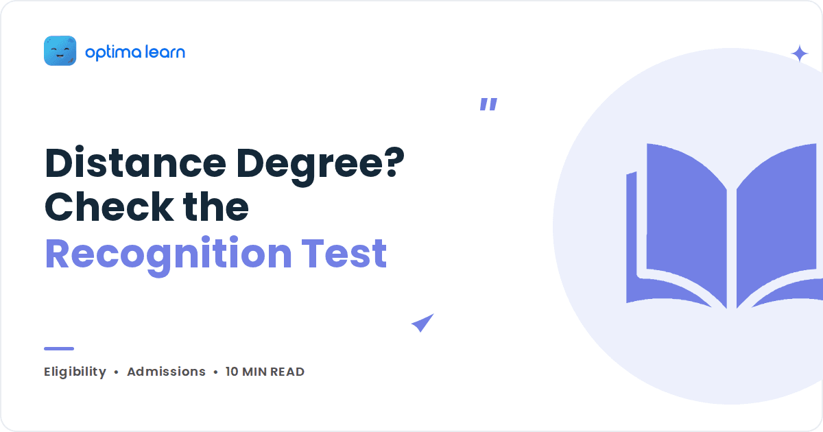 Optima Learn blog cover with a periwinkle open book icon, headline Distance Degree, Check the Recognition Test