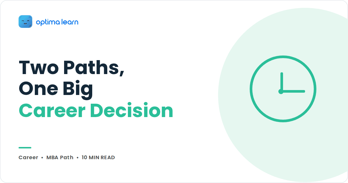 Optima Learn blog cover with a mint clock icon, headline Two Paths, One Big Career Decision