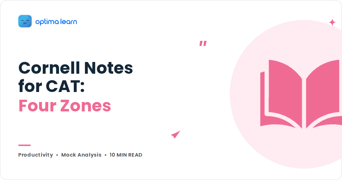 Blog cover reading Cornell Notes for CAT: Four Zones, with a pink book icon inside a pale circle.