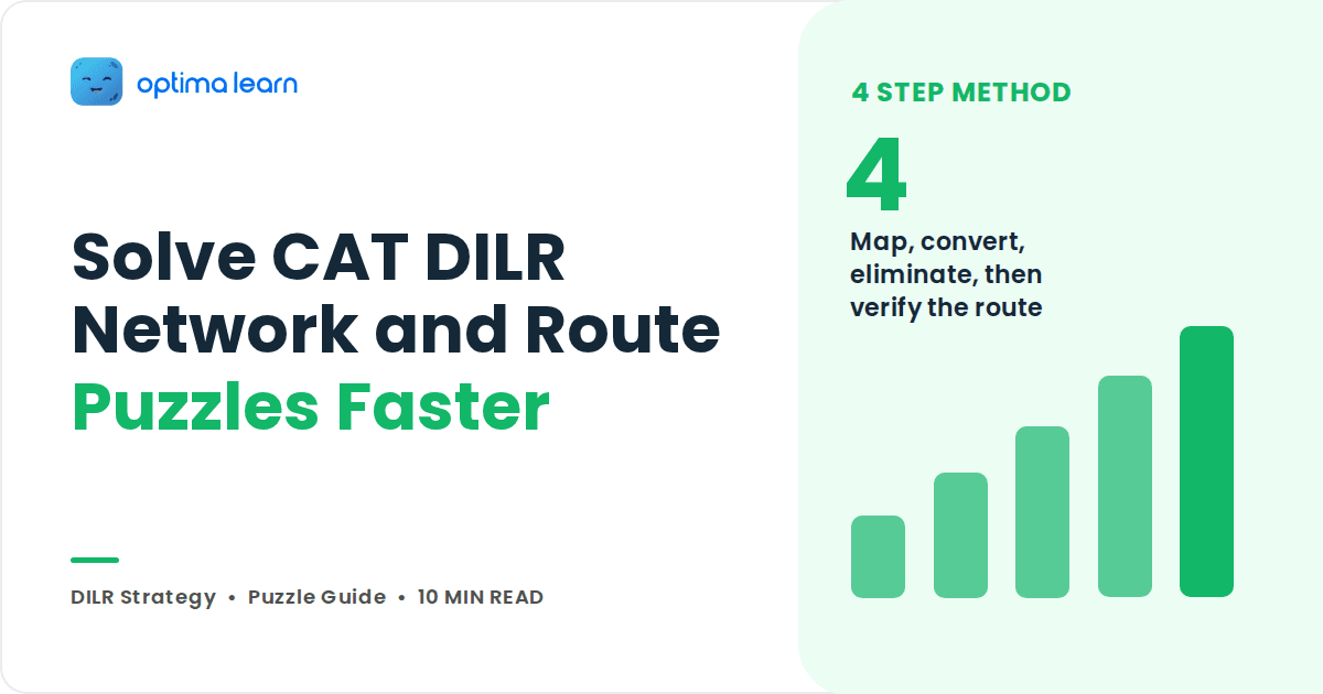 Blog cover reading Solve CAT DILR Network and Route Puzzles Faster, with a green panel showing the number 4 and a bar chart.