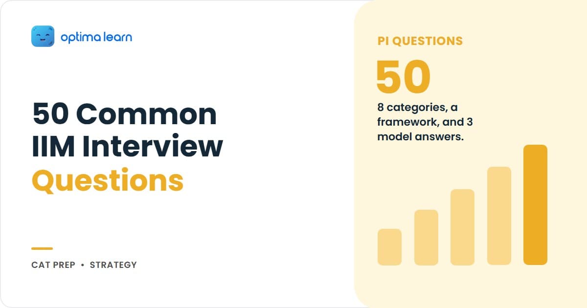 50 common IIM interview questions for CAT 2026 across 8 categories, with response frameworks and 3 model PI answers.