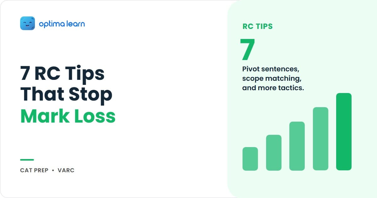 CAT 2026 reading comprehension infographic showing 7 tactical RC tips: last-paragraph-first reading, pivot sentence underline, new-idea elimination, extreme quantifier kill, and scope matching on a light blue gradient with Optima Learn logo.