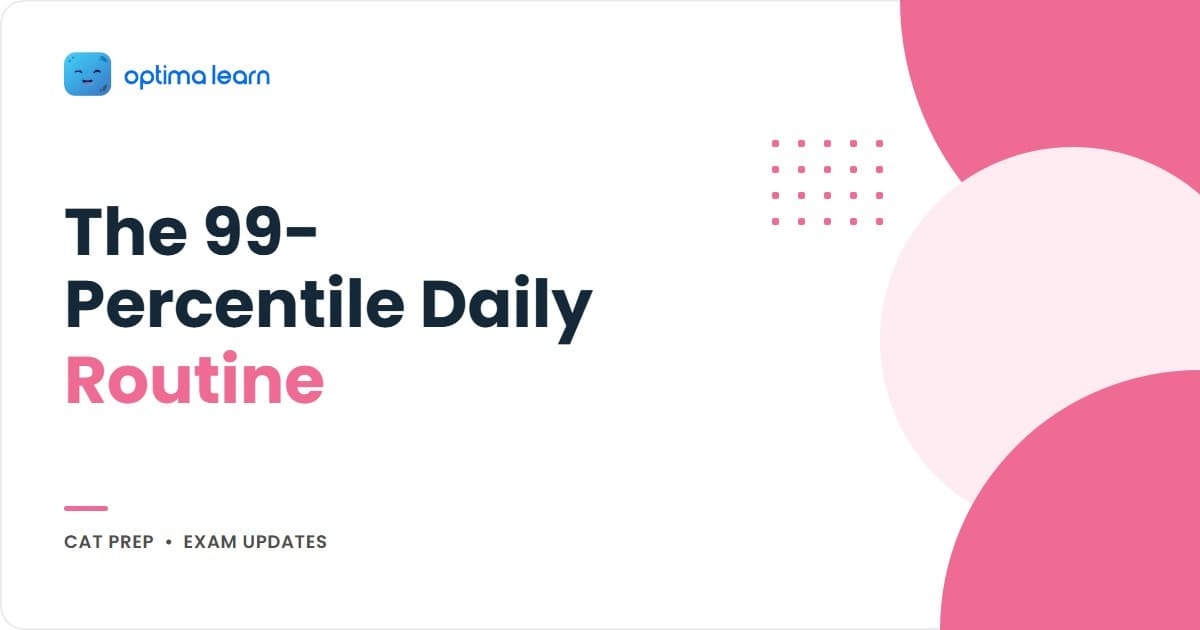 99 Percentile CAT Daily Routine Stand-Up Method hero - 4-block morning-set preview (Opener 10min RC, Material 45min QA, The Bit 30min DILR, Closer 10min error log) on a stage-black background with spotlight glow