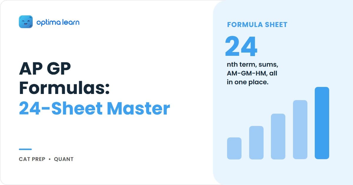 AP GP formulas master cheatsheet for CAT 2026: 24 formulas across AP, GP, GM, HM, infinite GP, AGP on a maroon, mustard, and parchment cheat sheet.