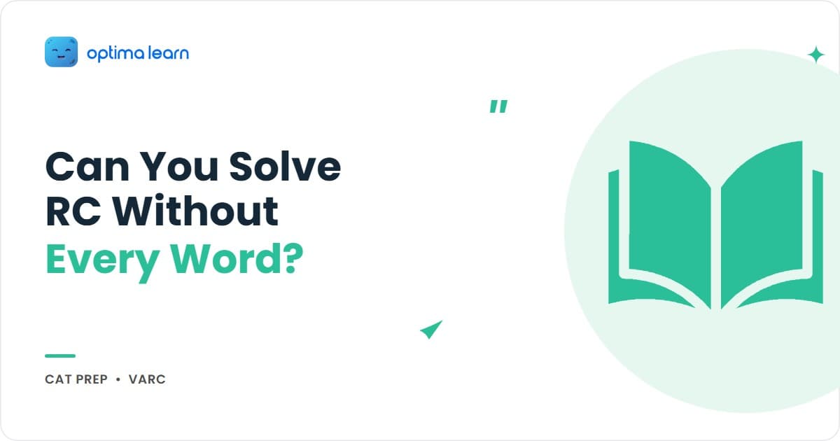 Optima Learn hero banner: "Solve RC Without Every Word," introducing the 4-step SKIP Method for handling unfamiliar vocabulary in CAT RC passages.