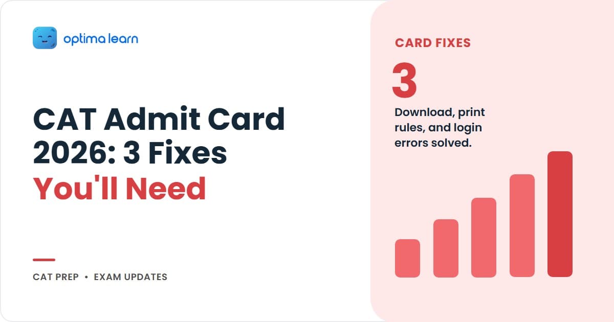 CAT 2026 admit card hero: 4-card admit-card stack covering the November 12 release window, the 5-step download flow, the 5 login error fixes, and a teaser pointing to the 10-item checklist and 3 centre-day traps.