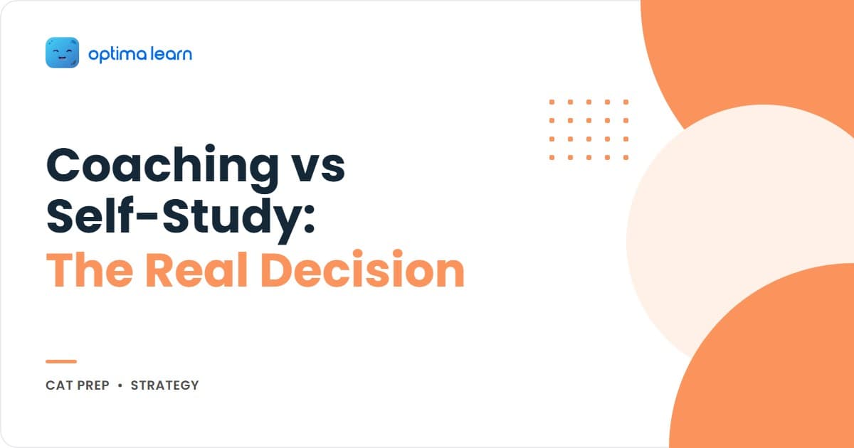 CAT 2026 coaching vs self study hero: 4-card stack covering cost reality (Rs 35K-1.2L vs Rs 7K-17K), the 4-profile decision matrix, the AI-led third path, and a teaser pointing to the 5 honest decision rules.