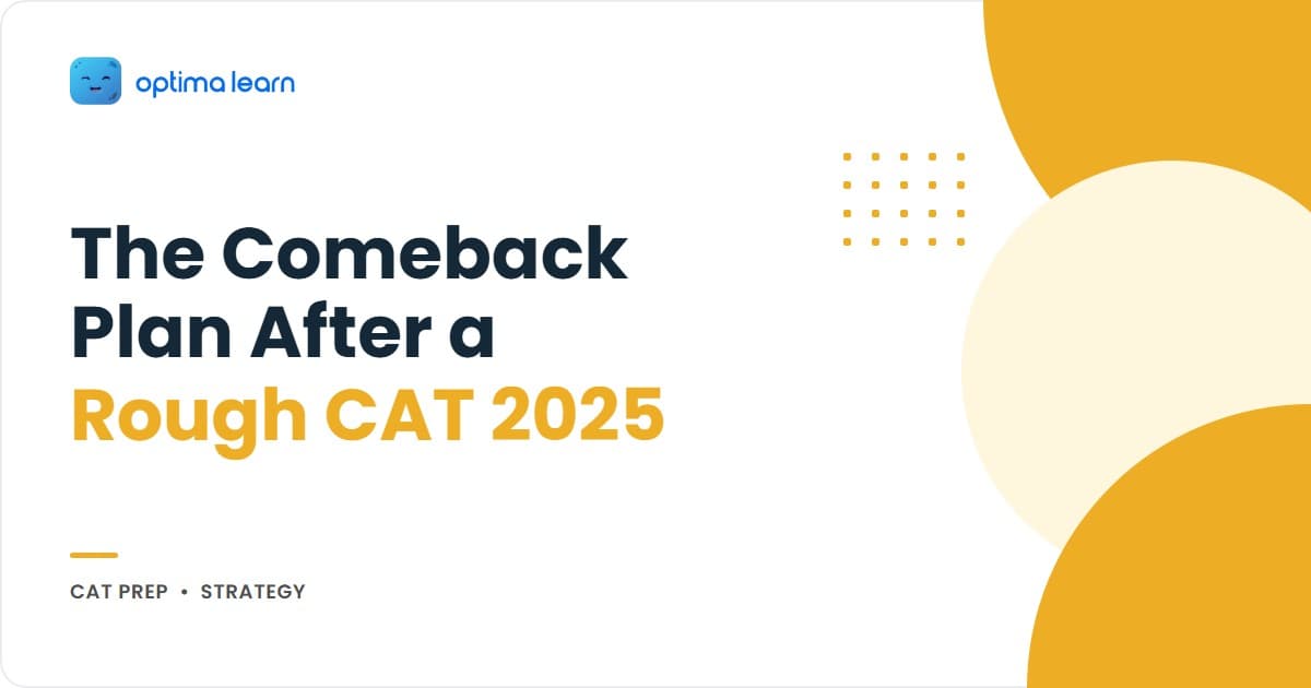 CAT 2026 comeback hero with the Below-80 Comeback Protocol four-step Diagnose, Reset, Rebuild, Re-attack arc on a charcoal, rose-gold, and warm-grey gradient for repeaters who scored below 80 percentile in CAT 2025.