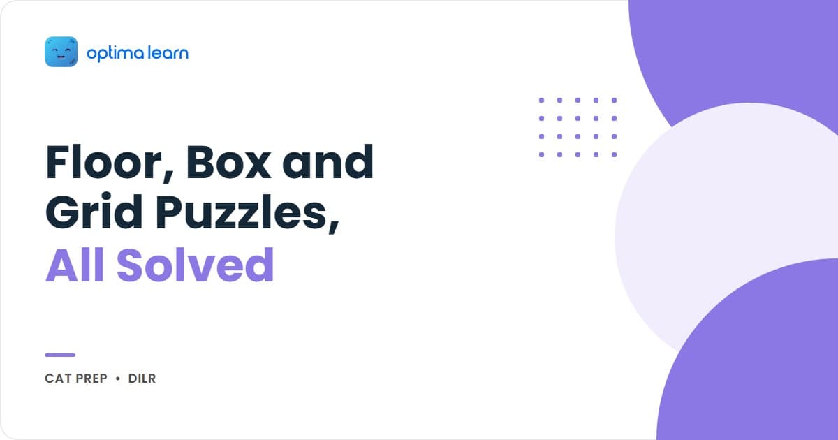 CAT 2026 DILR puzzles infographic with five numbered cards for the floor-grid method, a floor-based set, a box-based set, a hybrid set, and the 2-minute set-selection test.