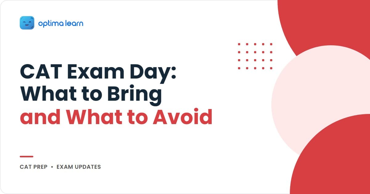 CAT 2026 Updates hero for exam-day guidelines showing the five stages (bring, leave, check-in, exam, exit), the admit-card-and-ID requirement, and the no-phones-or-smartwatches rule.