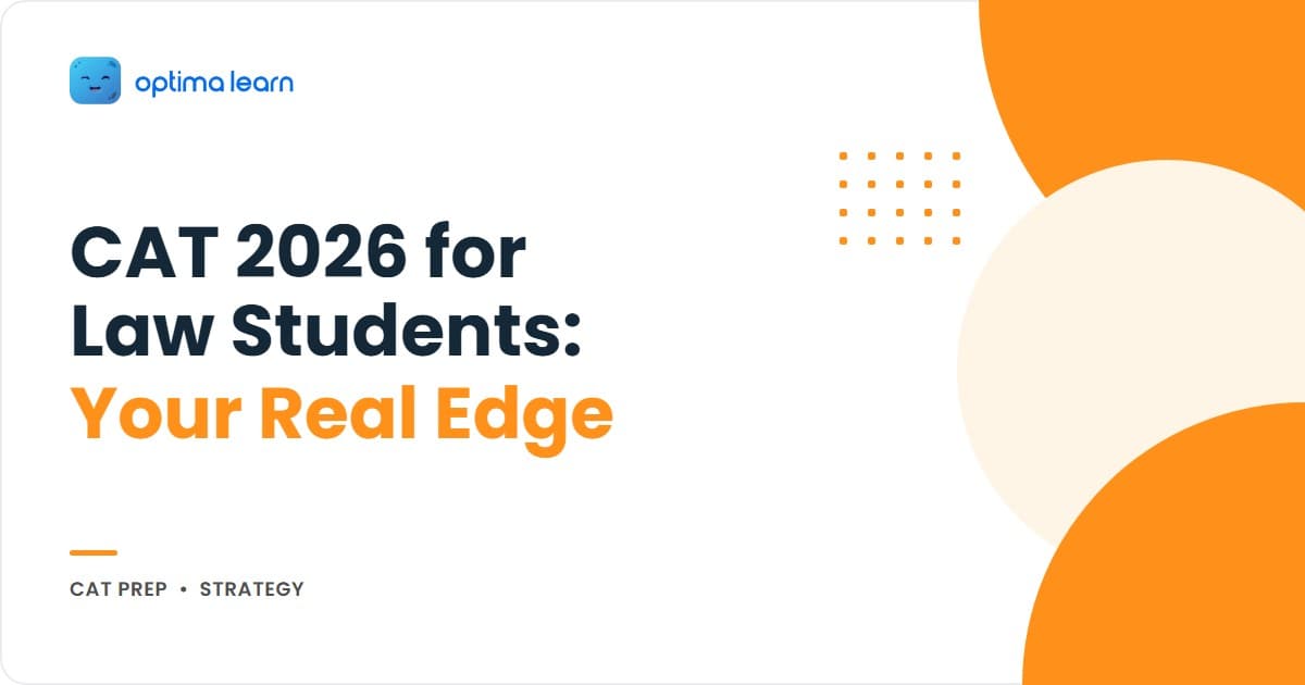 CAT 2026 for law students infographic with five numbered cards for the VARC edge, DILR overlap, 5-step Quant rescue plan, the MBA-after-law interview answer, and a 6-month timeline.