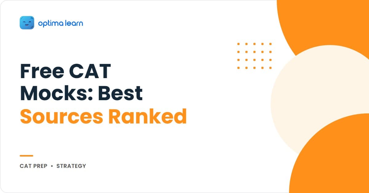 Free CAT 2026 mock tests hero: 4-card explainer covering the 5 ranked free sources, the recommended 4-6 free mock count, 7 free PYQs, and the free-vs-paid switch logic.