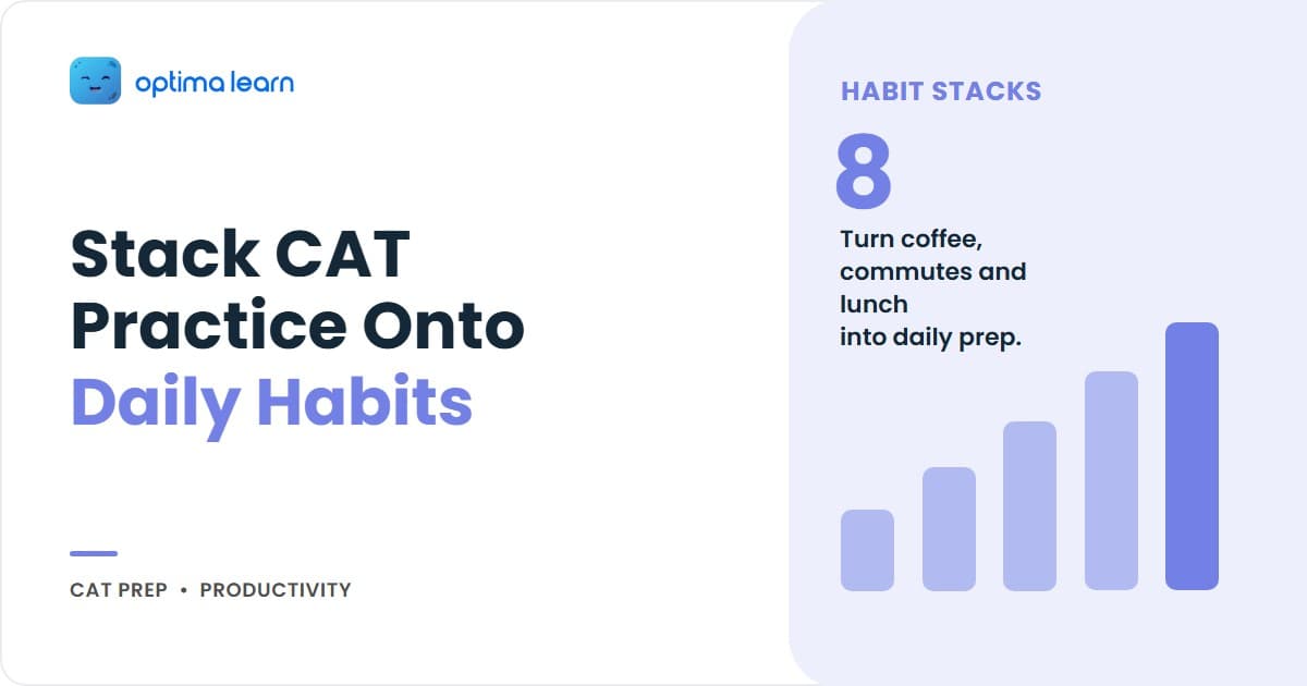 CAT 2026 habit stacking showing eight CAT micro-practices attached to existing daily anchors like coffee, commute and lunch.