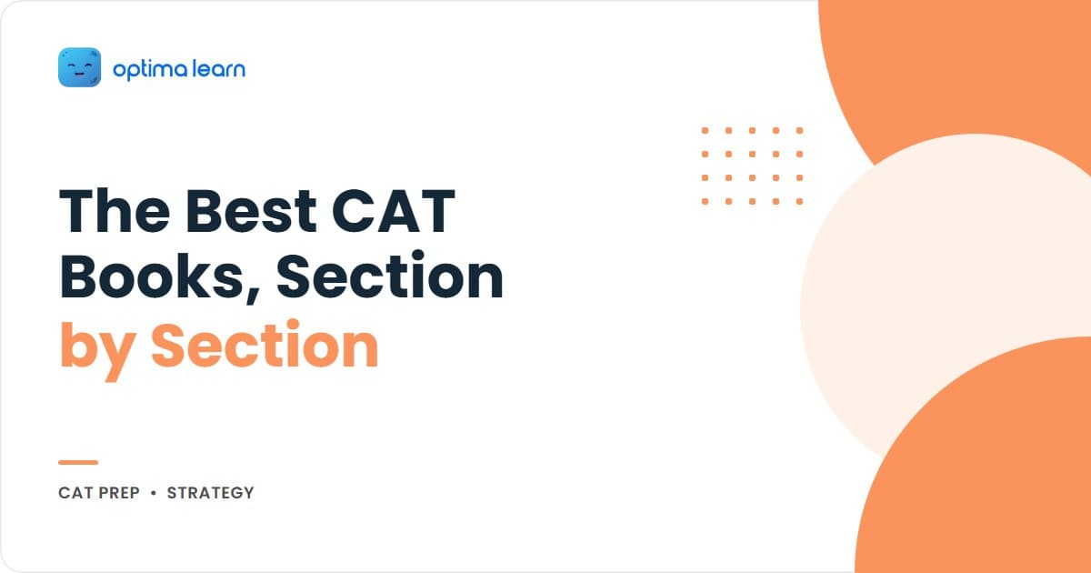 Best books for CAT 2026 infographic with five numbered cards for the use-case principle, Quant books, VARC books, DILR books, and how to use each book by month.