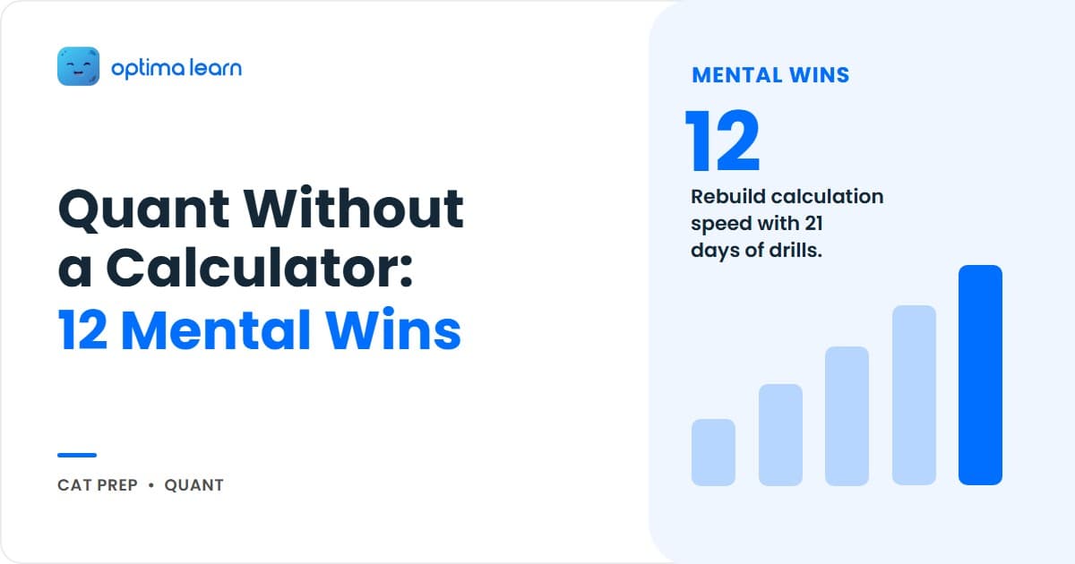 CAT 2026 quant without calculator infographic showing 3 calculation foundations, 5 percent approximation rule, 12 daily drills, 21-day rebuild protocol, and exam-day discipline on a light blue gradient with Optima Learn logo.
