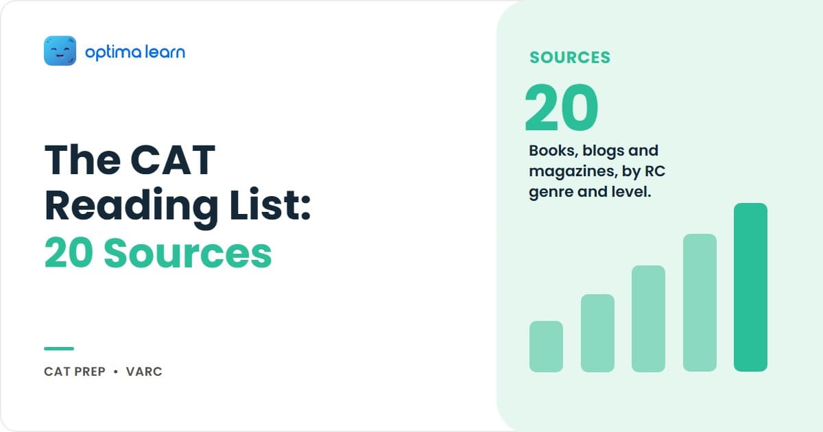 CAT 2026 reading list hero: 4-card grid covering the 4 RC genres, the 3-tier source progression, daily 45-60 minute target, and a teaser pointing to the schedule and tier mapping.