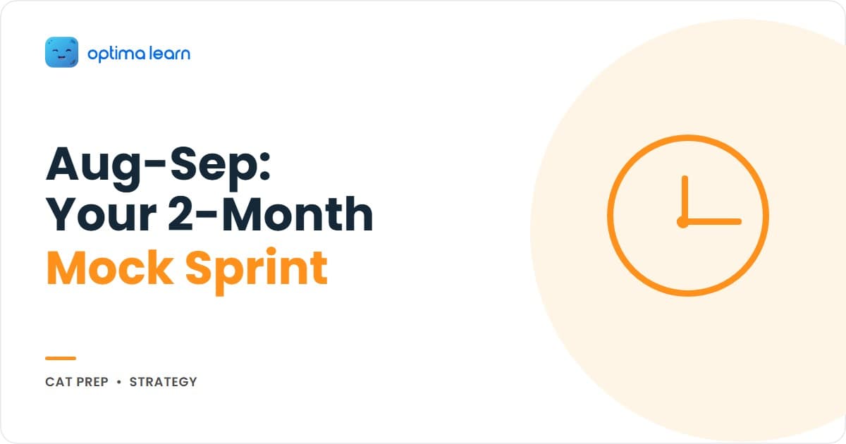 CAT 2026 August-September mock sprint hero: 8-week calendar card, mock cadence card, error log loop card, and a dashed amber recalibration-test callout under the mock-entry phase stamp.