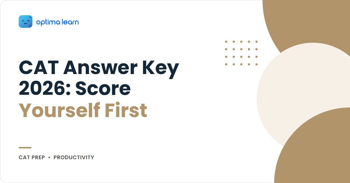 CAT 2026 answer key hero: 4-card explainer covering the response sheet, official answer key, +3/-1/0 raw score formula, and a teaser pointing to the 3-step objection process, fee, and timeline.
