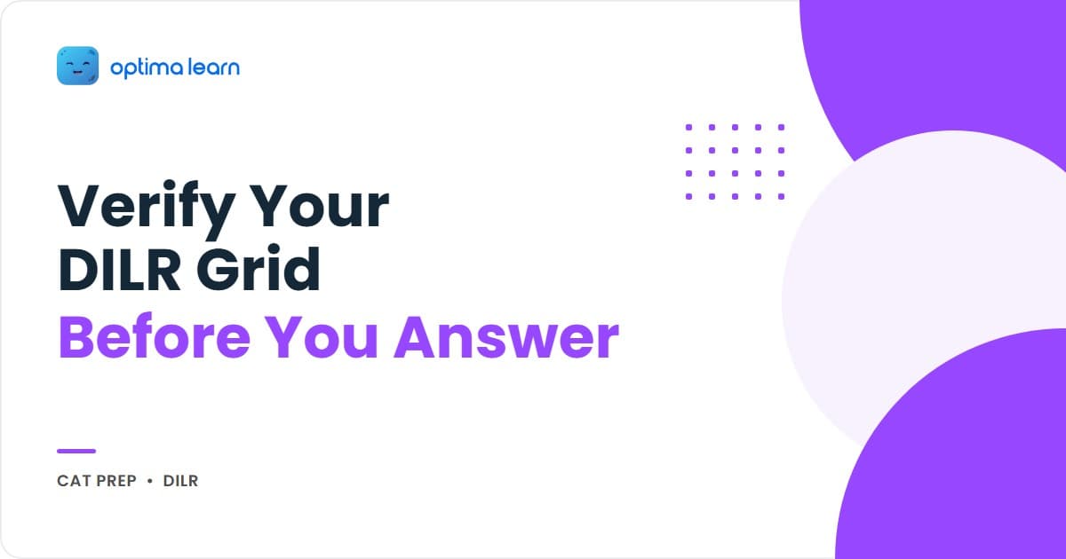CAT DILR constraint check hero: a solved grid is not a verified grid. Run the three-part constraint sweep, re-read every rule, test uniqueness, check boundaries, in 30 to 45 seconds before answering.