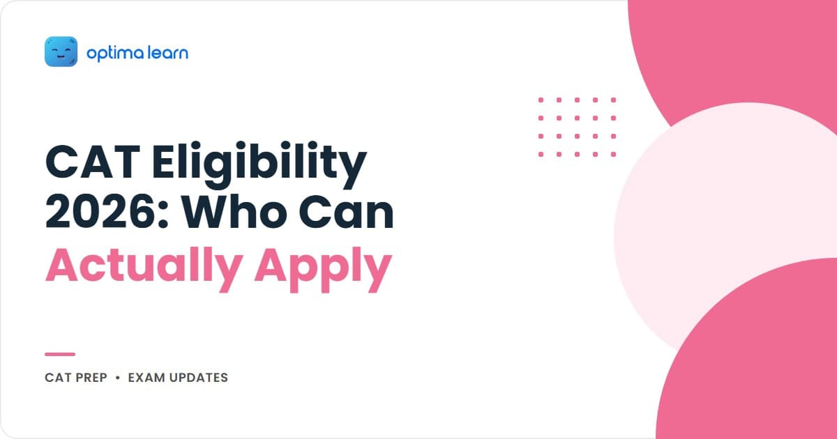 CAT Eligibility Criteria 2026 — Who Can Take CAT? Infographic showing bachelor's degree requirement, 50% minimum marks, no age limit, unlimited attempts, and category-wise rules, by Optima Learn