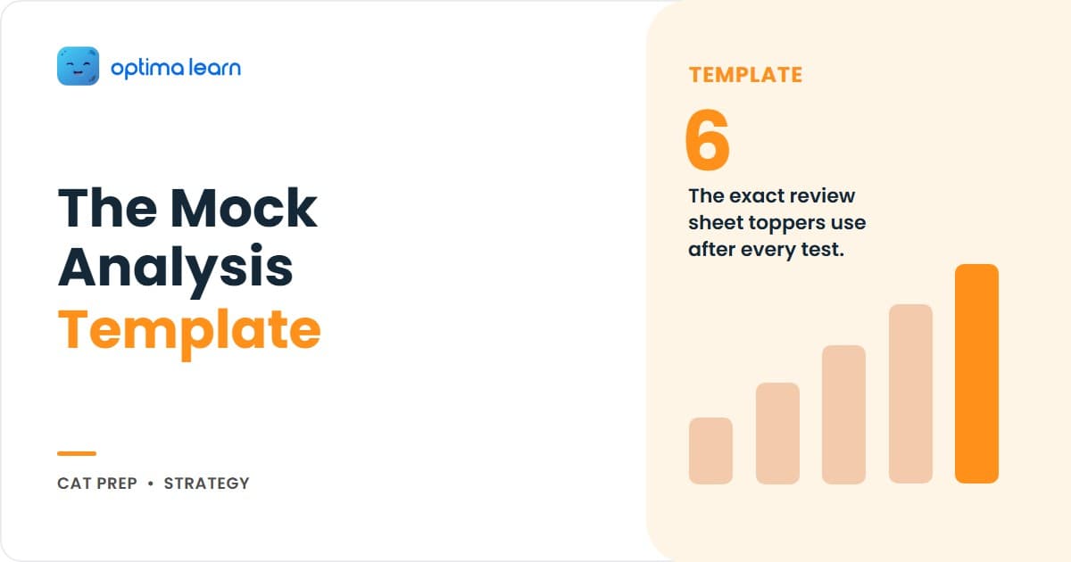 CAT mock analysis template infographic showing a 6-column review sheet with error tagging, time audit, and 90-minute post-mock routine on a light blue gradient with Optima Learn logo.