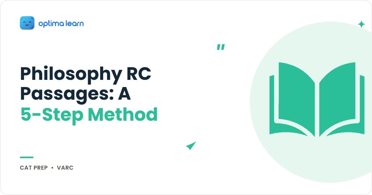 CAT philosophy and abstract RC passages hero showing the 5-step method: target, critique, qualification, conclusion, spine.
