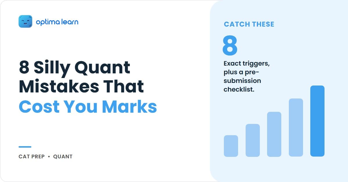 CAT Quant hero for silly mistakes showing that all 8 errors have a specific trigger, with examples like sign errors in negative substitution and misreading "at least" as "exactly".