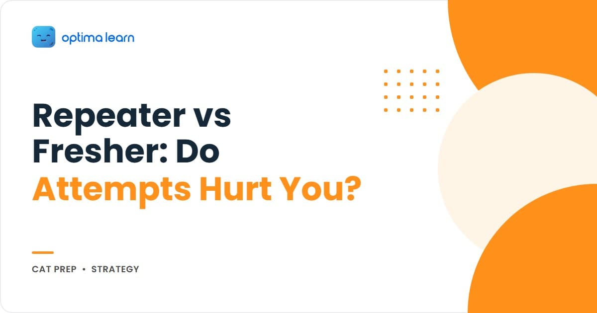 CAT repeater versus fresher infographic showing how IIMs treat multiple attempts, the composite score reality, batch composition data, PI narrative framework, and third-attempt decision rules on a light blue gradient with Optima Learn logo.