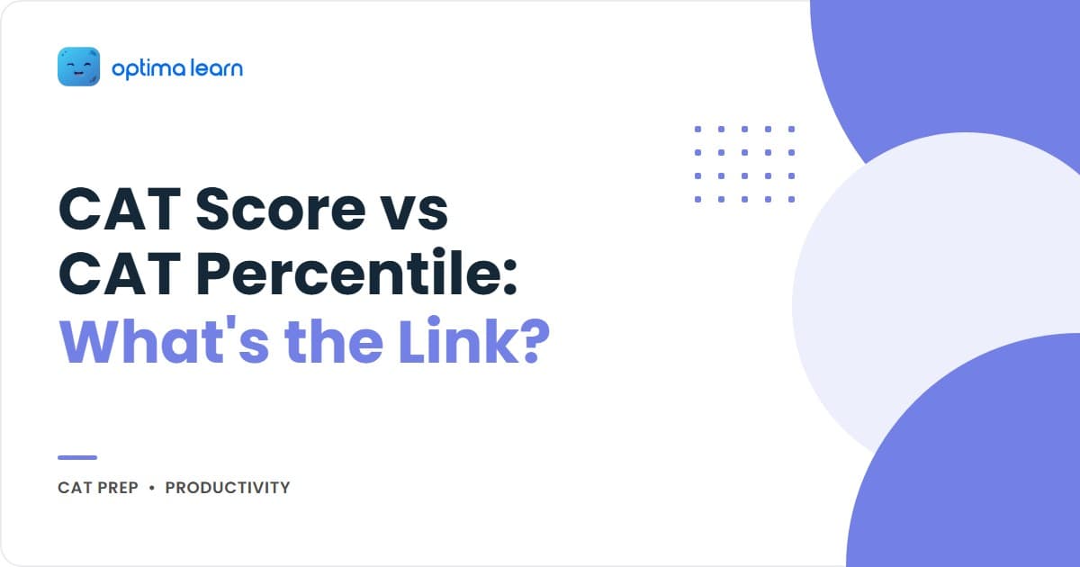 CAT score vs percentile hero showing the SCALE method — score is raw, compare across slots, adjust to percentile, look at percentile not score, expect variation — with a normalization-explainer teaser.
