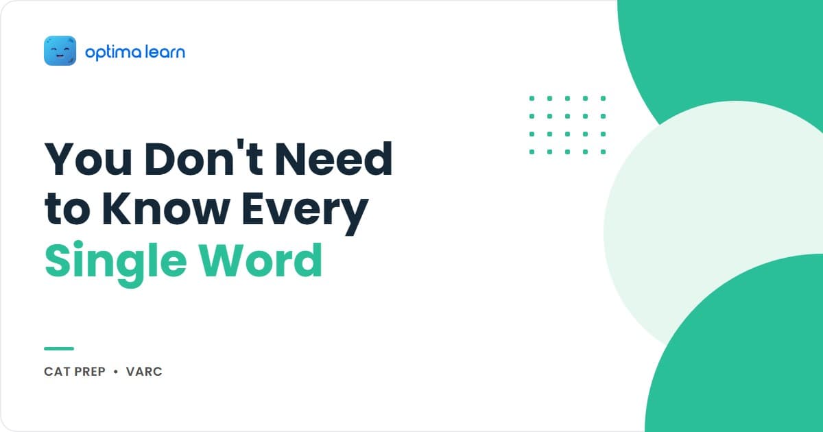 VARC vocabulary-in-context hero — 3-strategy toolkit (Surrounding Sentence Method, Contrast and Concession Signals, Substitution Test) with example word chips and Optima Learn logo.