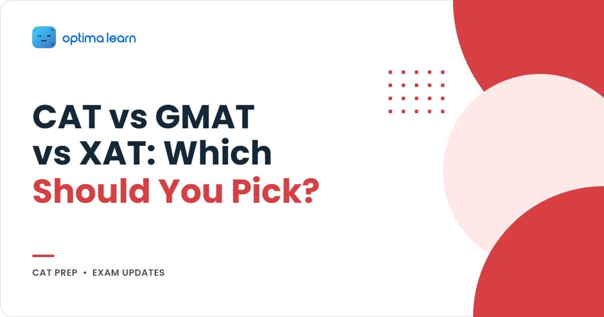 CAT vs GMAT vs XAT hero with 5-factor decision matrix and 4-card summary covering goal, geography, cost, timeline, and life stage for the MBA entrance exam decision.