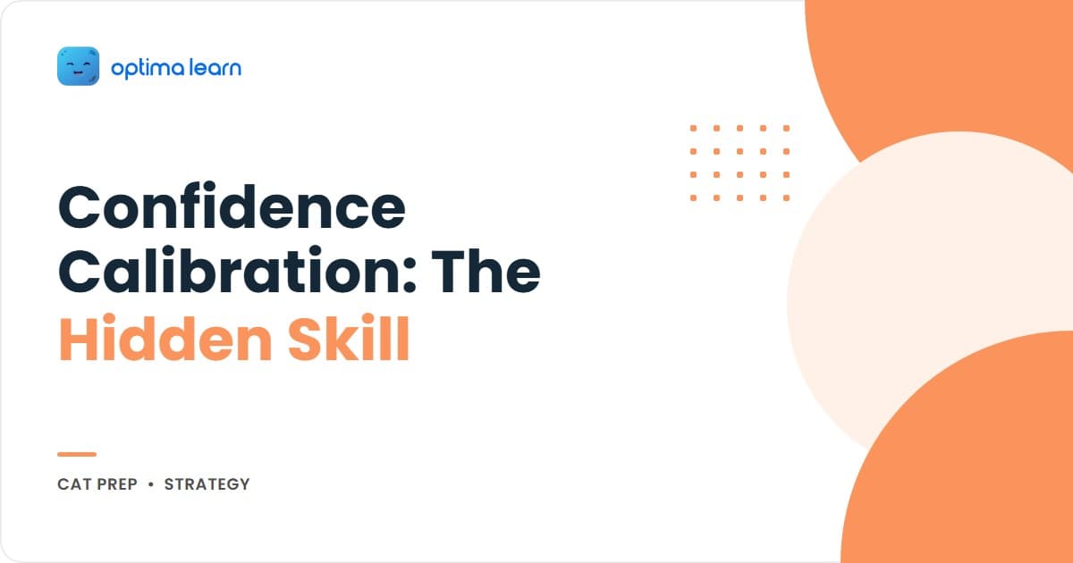 Confidence Calibration: The Hidden Skill of CAT Toppers, an Optima Learn CAT preparation guide showing the Calibration Loop framework and Dunning-Kruger research stats.