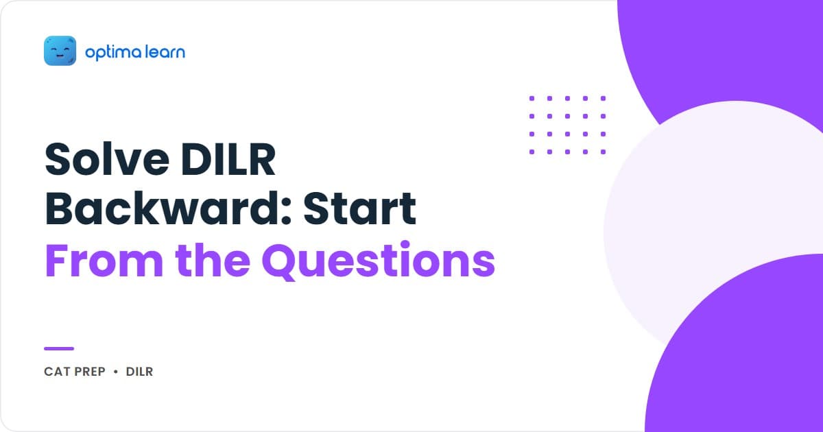 Optima Learn hero graphic for DILR Backward Solving: brand-blue banner with the headline "Start From the Question. Not the Data." and a circular 4-step framework orbit showing Read Questions, Map Needs, Pull Data, Build Backward.