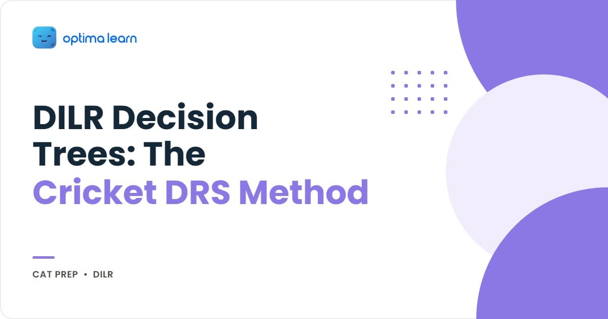 DILR Decision Tree blog hero — Cricket DRS method for CAT 2026 DILR with a 5-branch binary logic preview, three set-read formats, and a review budget rule card.
