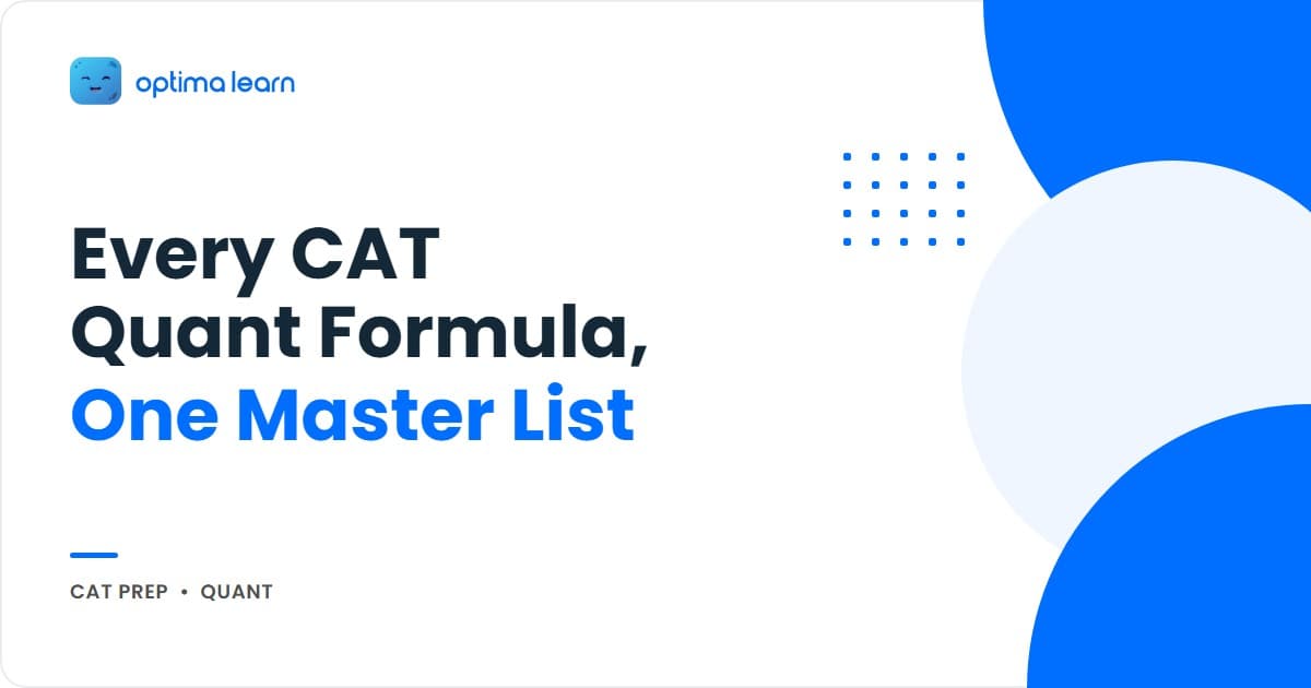 CAT 2026 quant formulas master list infographic with "CAT 2026 Quant" pill, headline highlighting "Formulas" in red, and five numbered cards for number systems, algebra, geometry, arithmetic, and modern math.