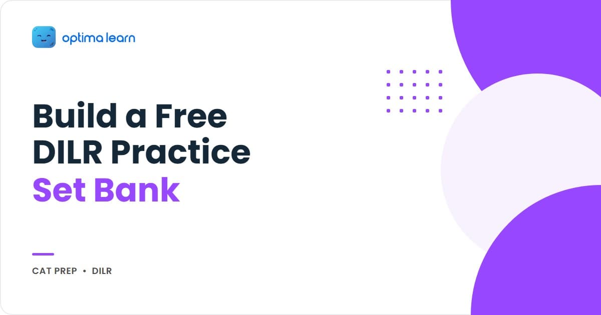 Free DILR practice set bank hero showing four free sources flowing into a cataloging table tagged by type, difficulty, and time, with a spaced two-week re-solve strip below.