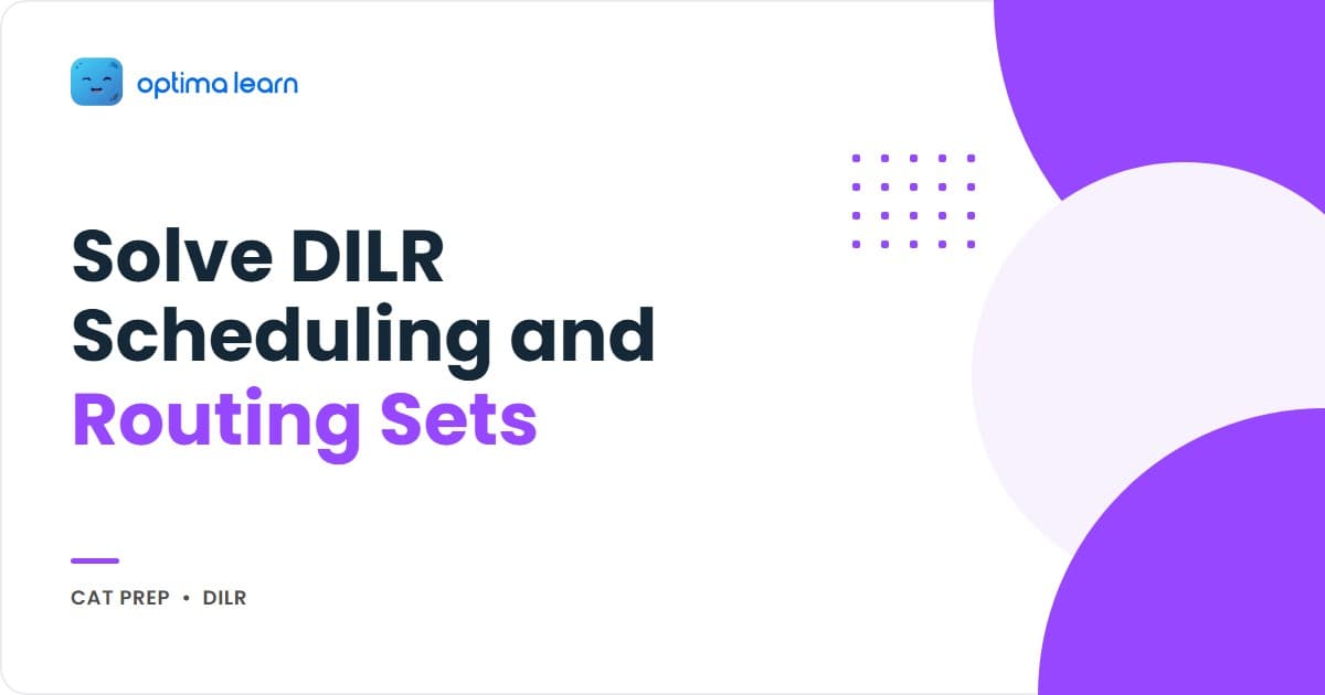 CAT 2026 DILR scheduling and routing sets infographic: recognition cues, the timeline grid method, and three solved sets.