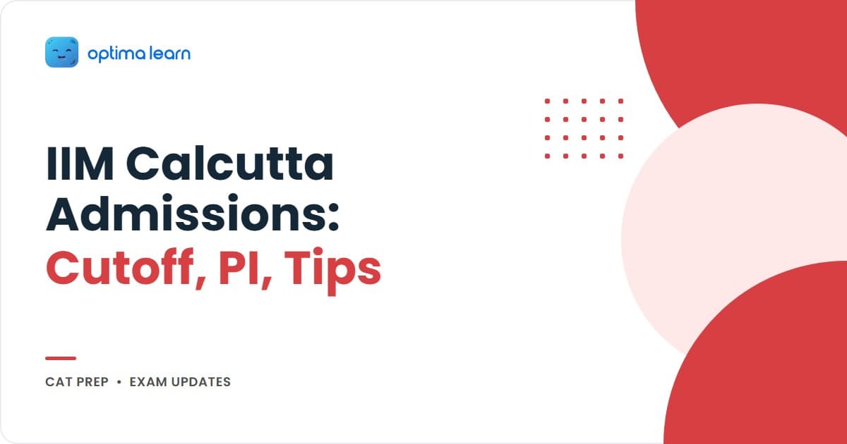 IIM Calcutta admission process 2026 infographic with CAT cutoff bands, composite score formula, PI format details, and profile cluster cards on a light blue gradient with Optima Learn logo.