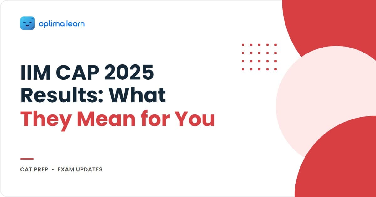 IIM CAP 2025 Results — Cutoffs, process and analysis infographic showing 12+ IIMs in CAP, 90-95 percentile General cutoff for Tier 1, category-wise data, composite scoring breakdown, and CAT 2026 targets, by Optima Learn