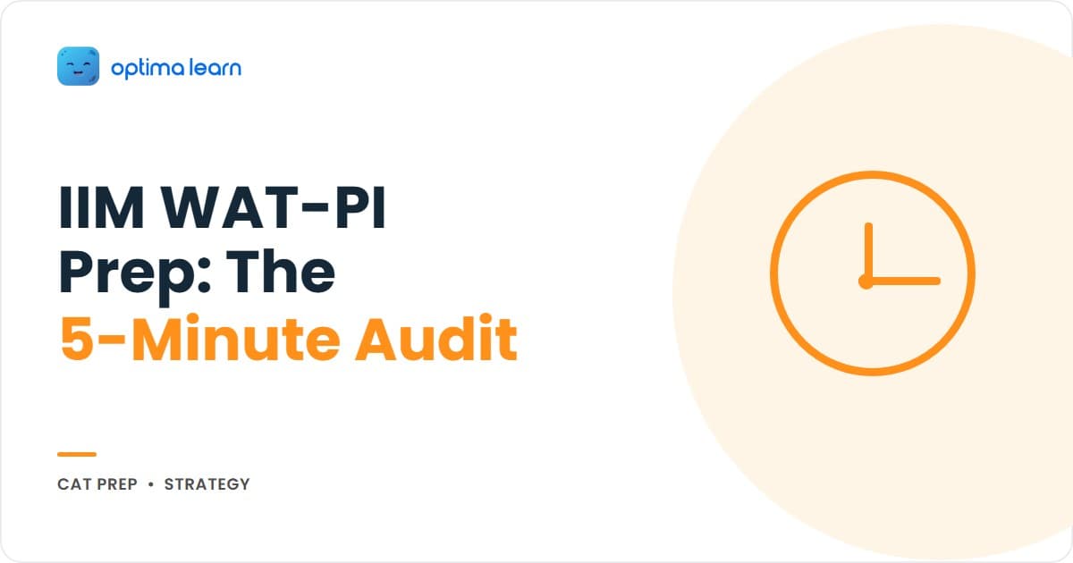 IIM WAT-PI preparation hero with the 5-minute WAT audit, 7-step PI drill stack, post-shortlist composite chip strip, and a numbered card grid in forest green, cream, and wood-tan.