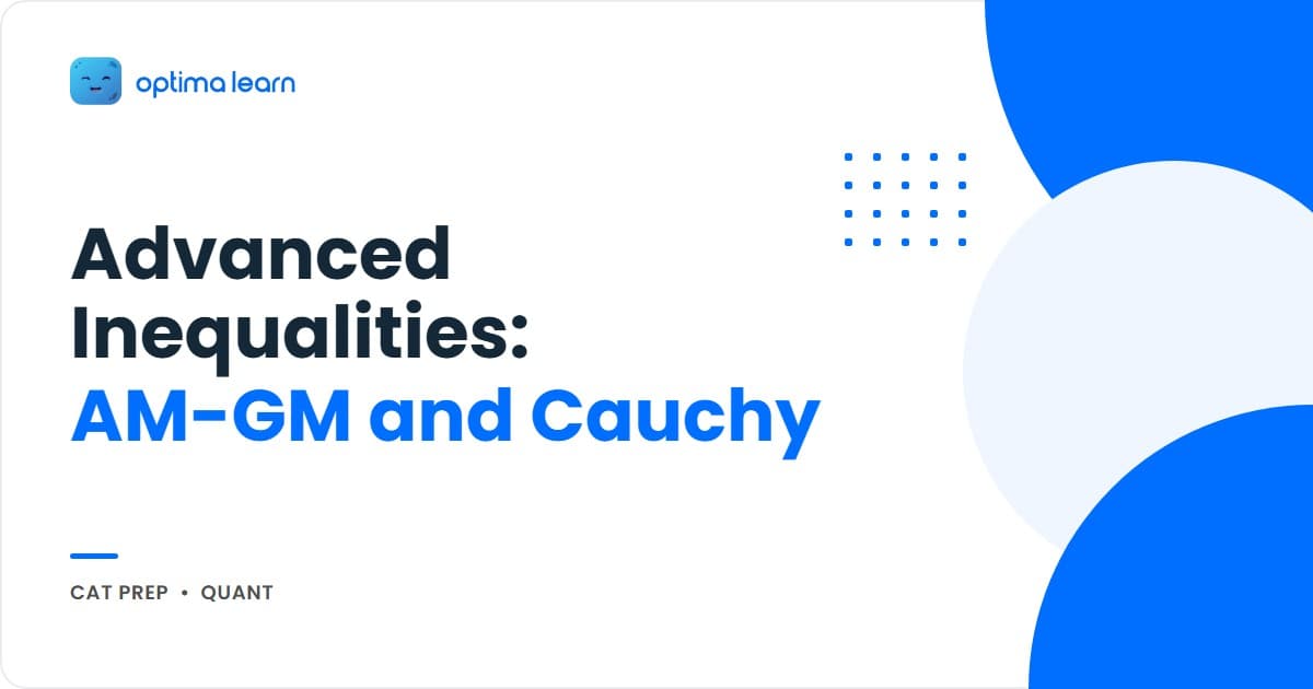 Advanced inequalities for CAT 2026 hero showing the AM-GM inequality with its all-terms-equal equality condition, plus fixed-sum, fixed-product, and Cauchy-Schwarz example cards.