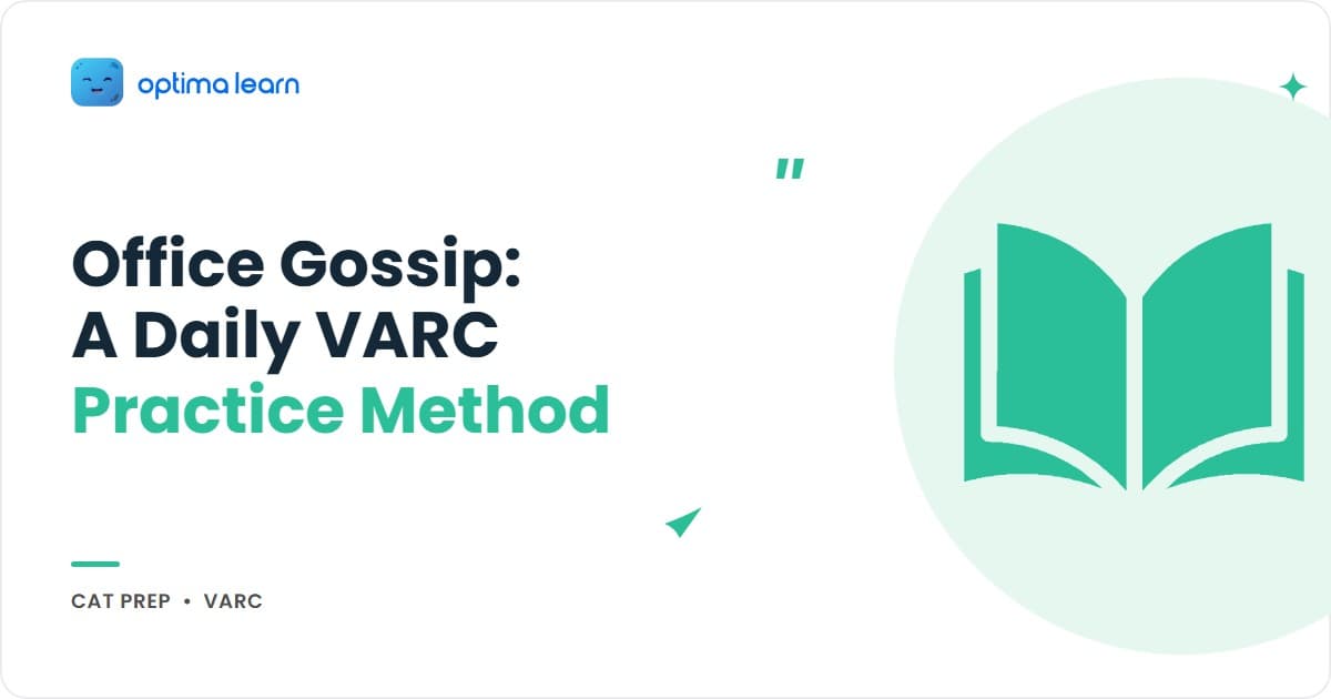 Office Gossip VARC Practice - CAT 2026 hero with 4-card skill preview showing Inference, Tone Detection, Implicit Assumption and a "4 more VARC skills inside" teaser, on an indigo-teal gradient