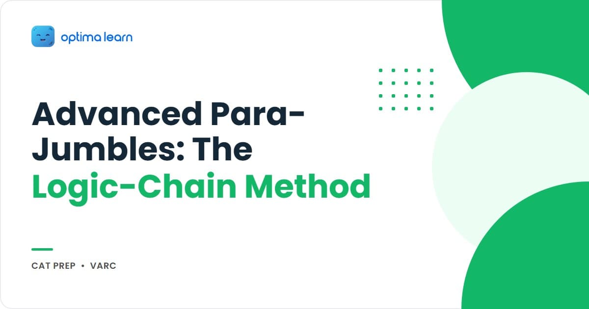 Para jumbles advanced hero — 7-connector signal table rows (cause, contrast, addition, sequence, example, consequence, conclusion connectors) with logic-chain step badges and Optima Learn logo.