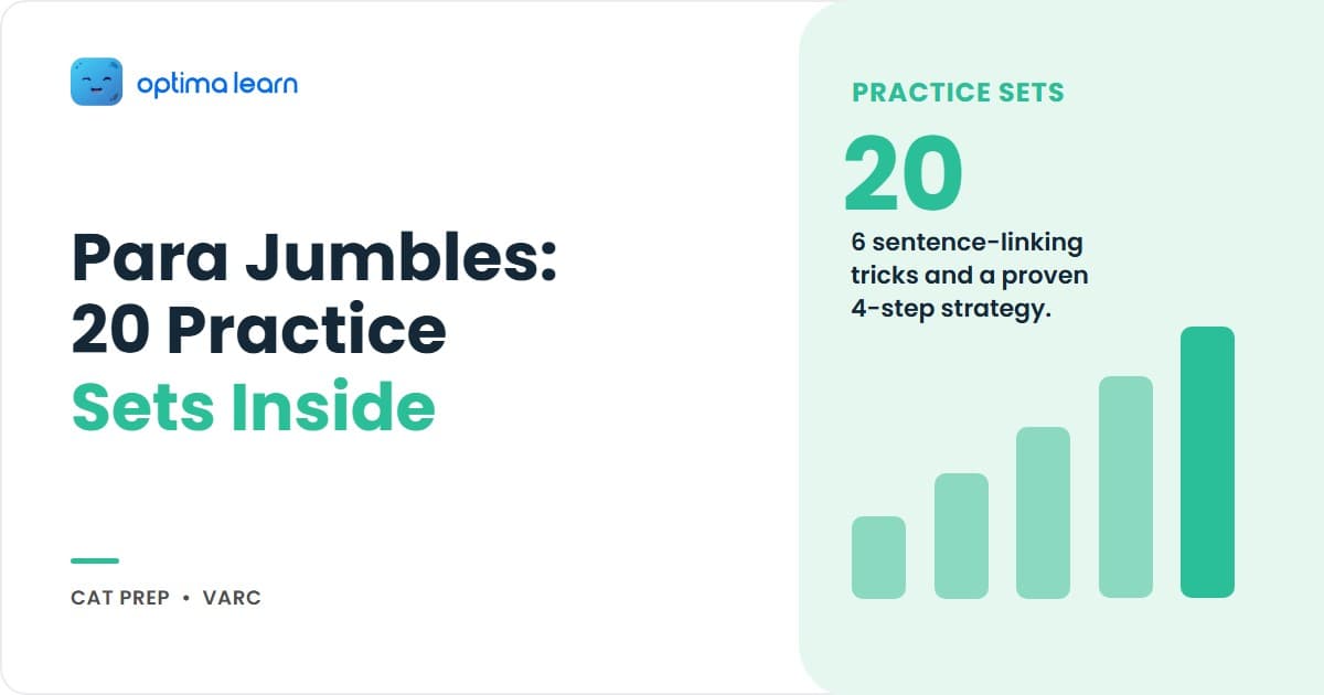 Para jumbles cheatsheet for CAT 2026 with the 4-step Opener-Closer-Pair-Sequence strategy, 6 sentence-linking tricks, and 20 CAT-level practice sets for VARC TITA scoring.